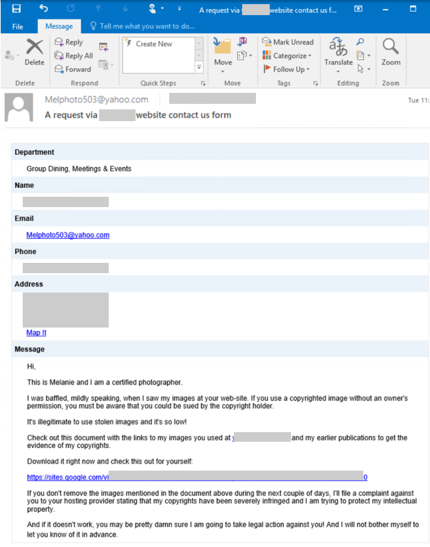 A sample email delivered with malicious attachment via contact form.