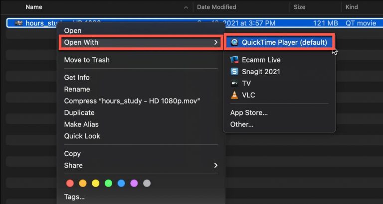 QuickTime Player - Option de fichier à exporter