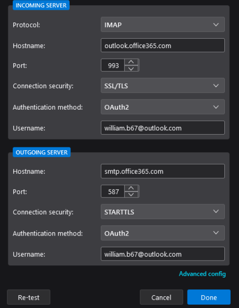 configure IMAP/POP3 settings in Thunderbird 