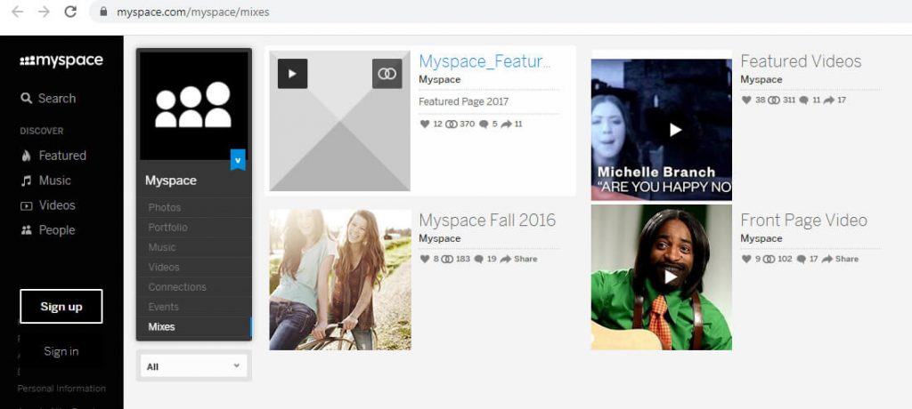Figure: Mixes option on MySpace page
