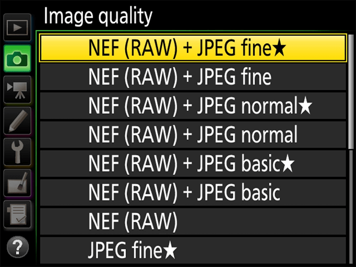 Image settings in Nikon camera