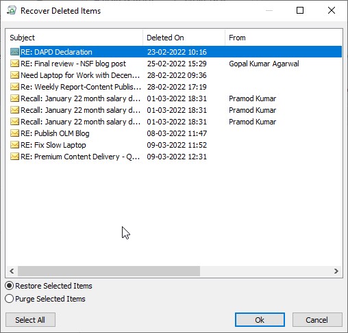 Restore Selected Items option is selected