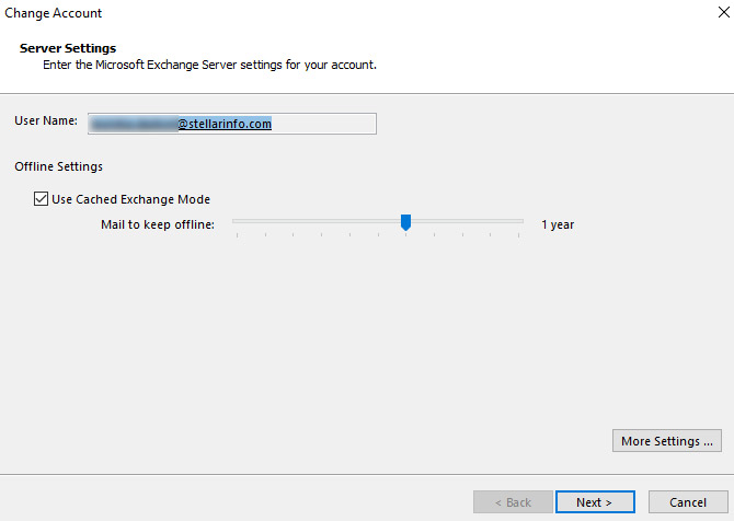 changing offline settings using change account window