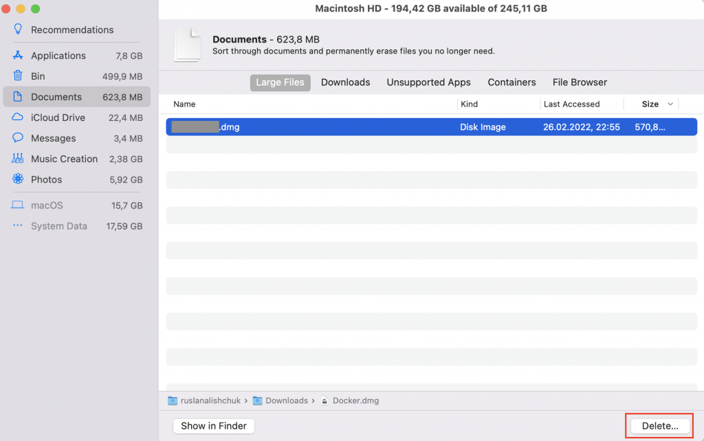 Delete large files on macOS Monterey