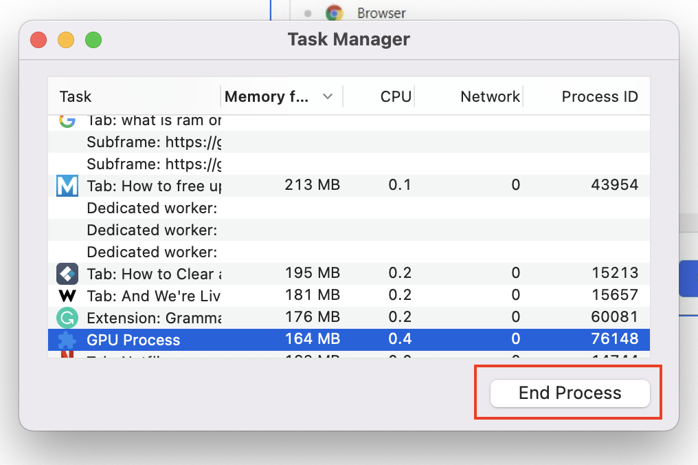 Chrome Tasks Manager > End GPU Process