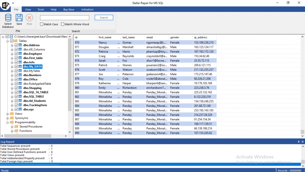 preview of recoverable sql data