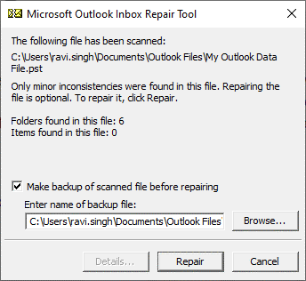 repair the pst using scanpst inbox repair tool