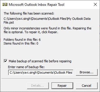 scan the PST for errors