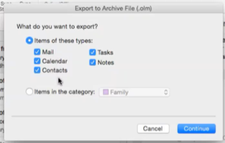 select all items to export from Outlook for mac to OLM
