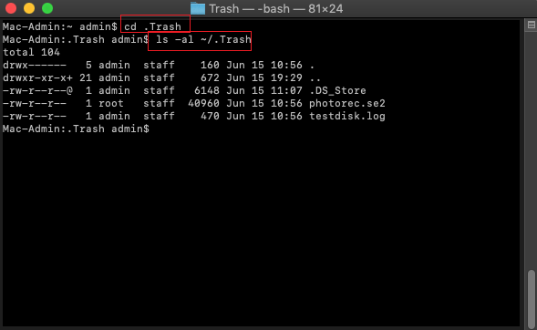 Terminal-Trash command in Recovery Mode for mac photo recovery
