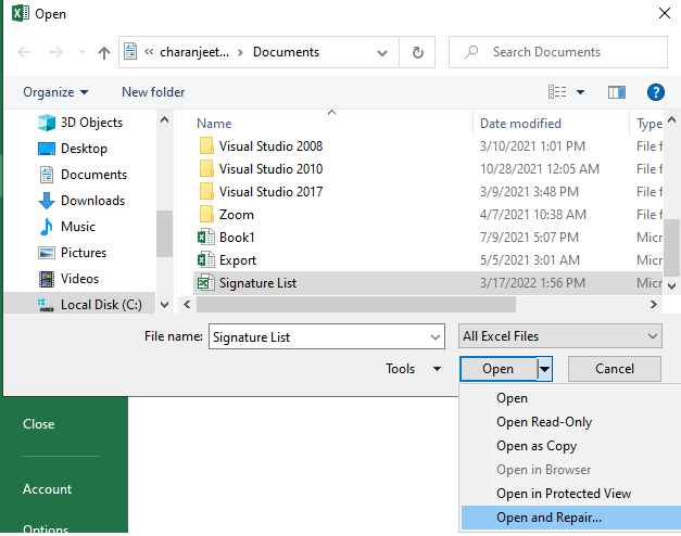 open and repair excel file