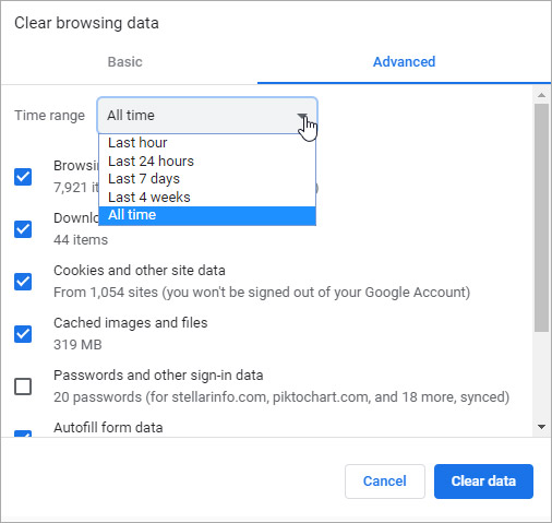 Clear Chrome browsing data Advanced options