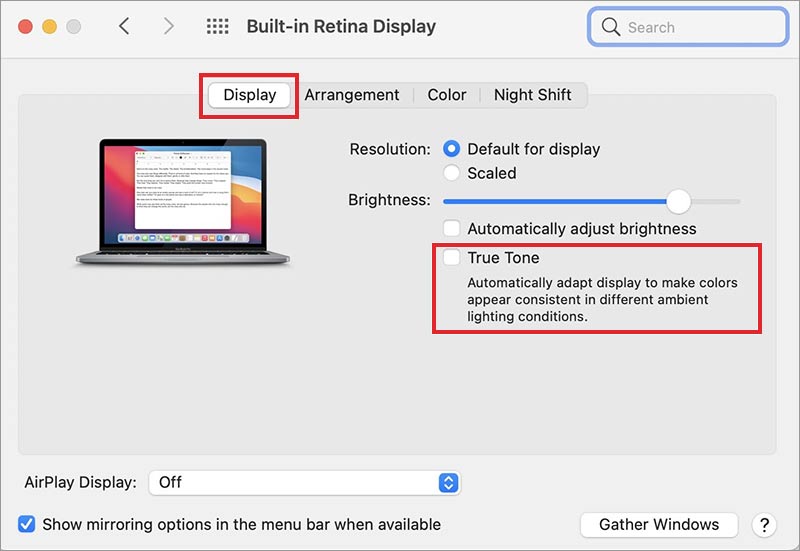 Displays-uncheck-true-tone-to resolve-macbook-screen-flickering