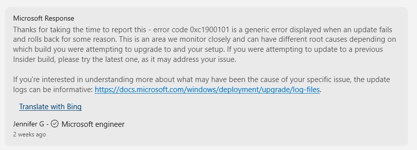 Microsoft-response-on-preview-build-update-error-0xc1900101-windows-update-failed