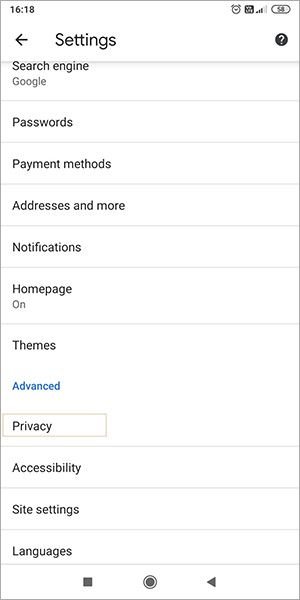 Settings Chrome in Android