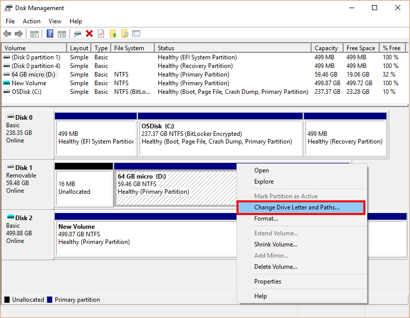 Change Drive Letter and Paths of SD card in disk management