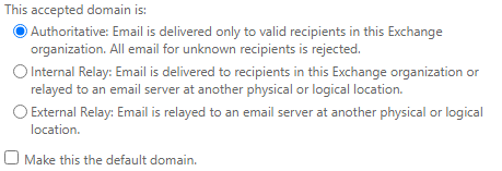 check domain is not set as Internal Relay or External Relay