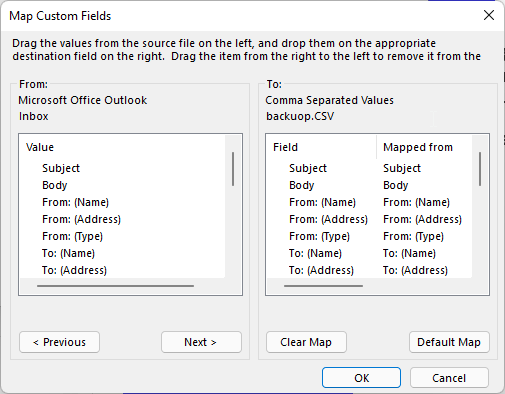 map fields csv archive outlook emails