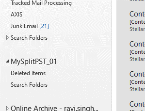 pst file appears on left pane in outlook