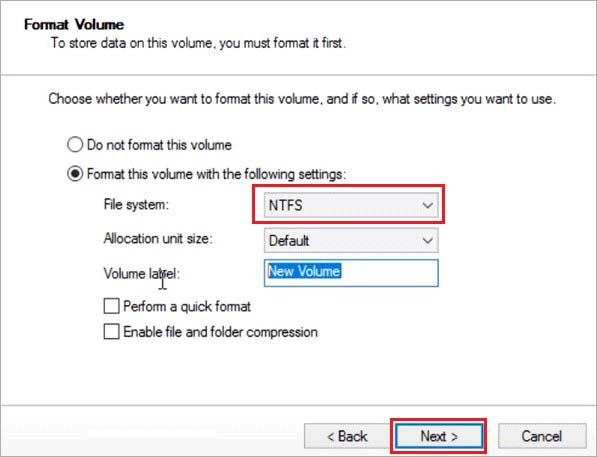 select-NTFS-file-system-format