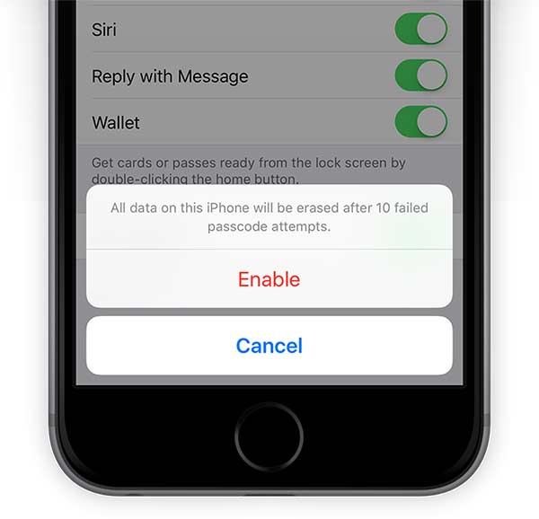 click Enable to set iPhone to automatic remote erase 10 wrong passcode entries.