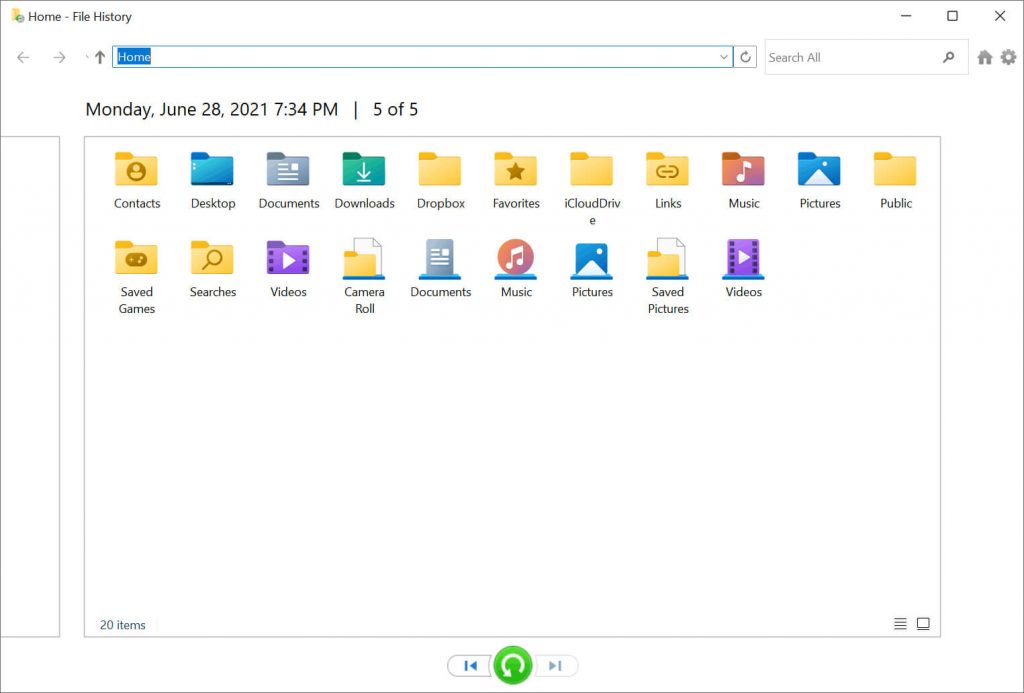 click Restore button to recover old photos from File History 