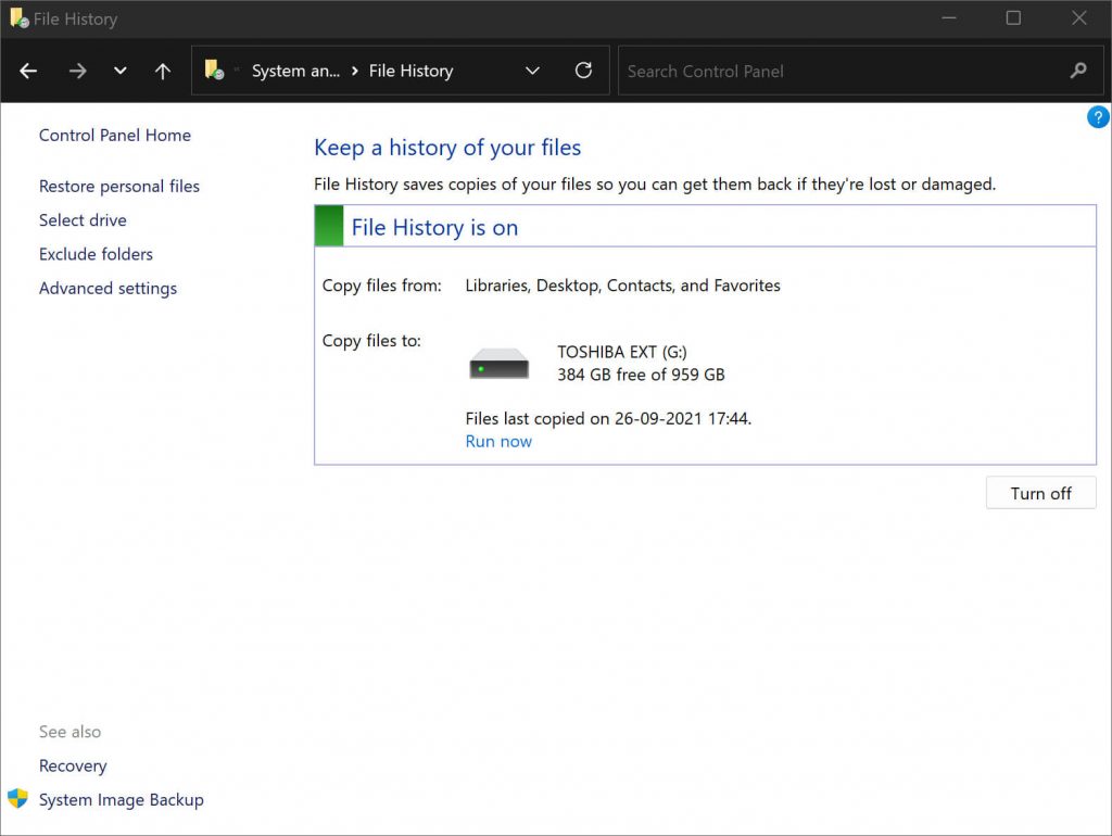 Restore personal files in File history