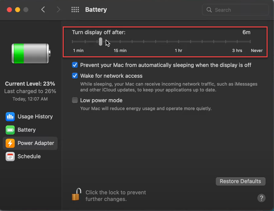 Battery preferences on macOS Monterey > turn display off after