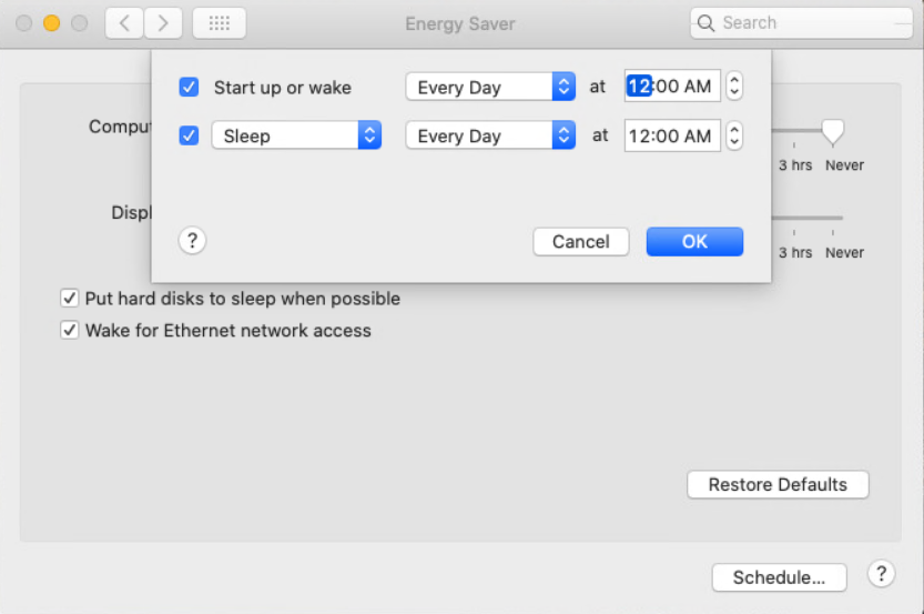System Preferences > Energy Saver > Schedule