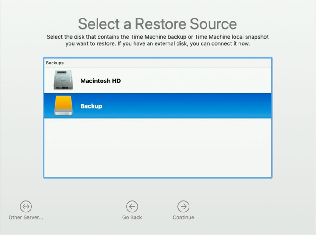 macOS Utilities - Select the backup folder