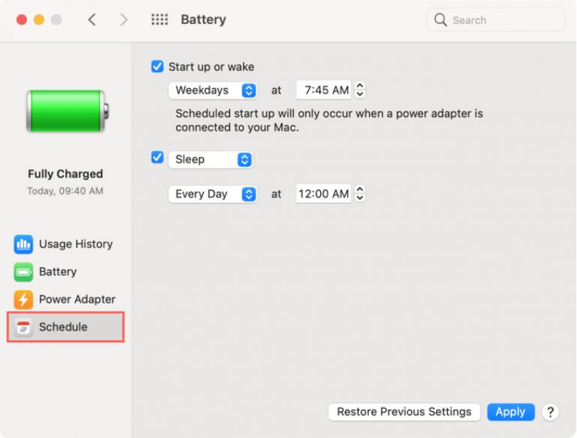 System Preferences on macOS Monetery > Battery > Schedule