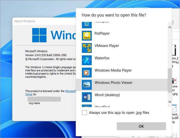 Select Windows photo viewer as default app to open JPG files
