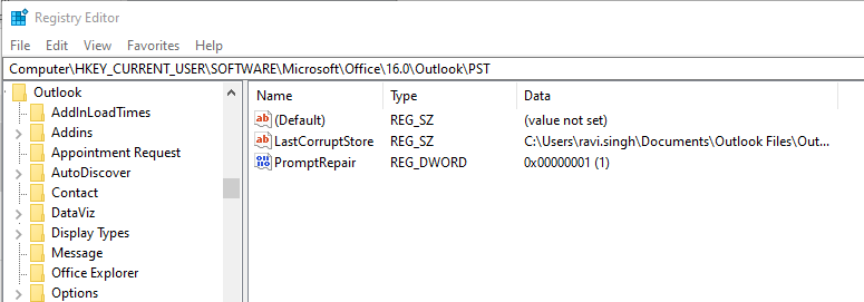 Modify Windows registry key to fix outlook error Some is Wrong with your Data Files