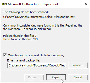 repair the PST file corruption