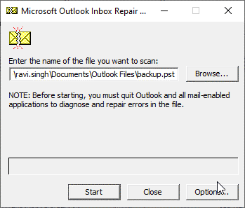 select the pst file for repair in Scanpst