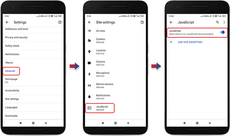 steps to enable JavaScript on Android