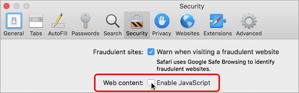 enable javascript from Security tab in Safari Preferences