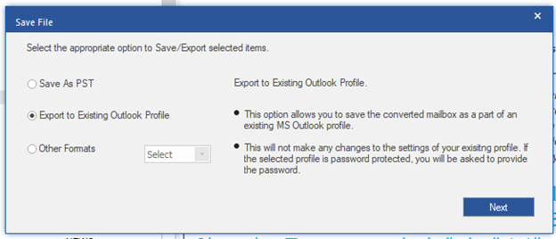 Choose the Export to Existing Outlook Profile option