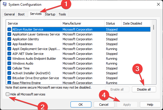 On the Services tab of System Configuration, select Hide all Microsoft services. Then select Disable all and click Apply