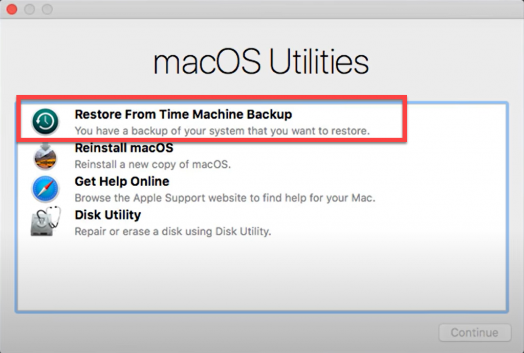 Recovery Mode > Restore from Time Machine Backup