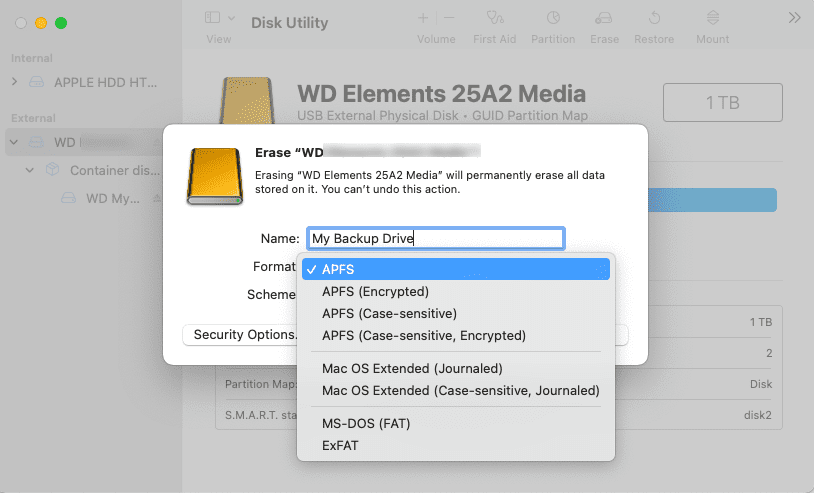Erase dialog window in Disk Utility