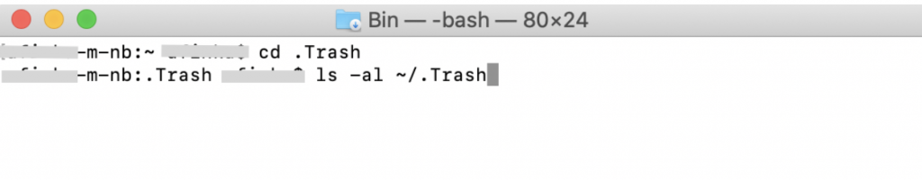 Mac Terminal > type in ls -al ~/.Trash