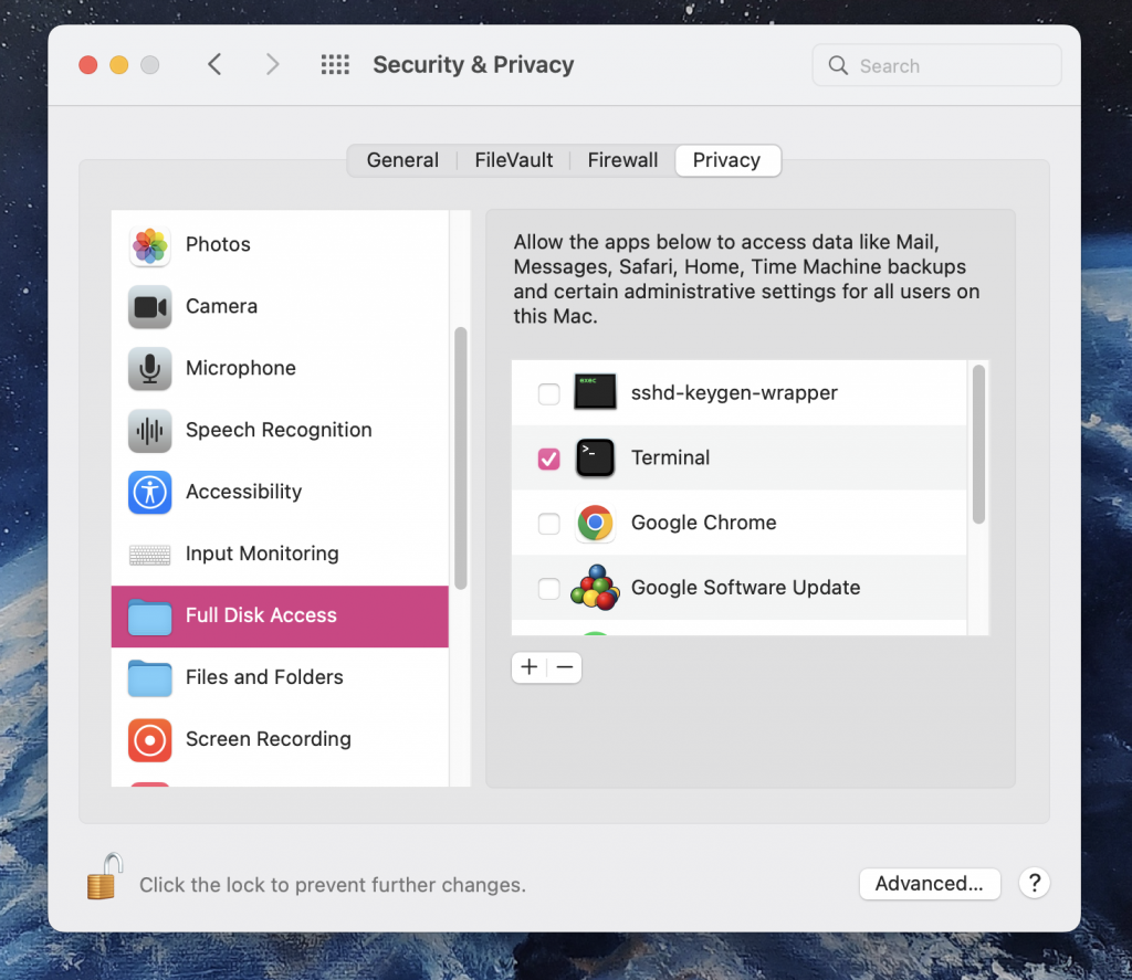 Security & Privacy > Privacy tab > Full Disk Access highlighted
