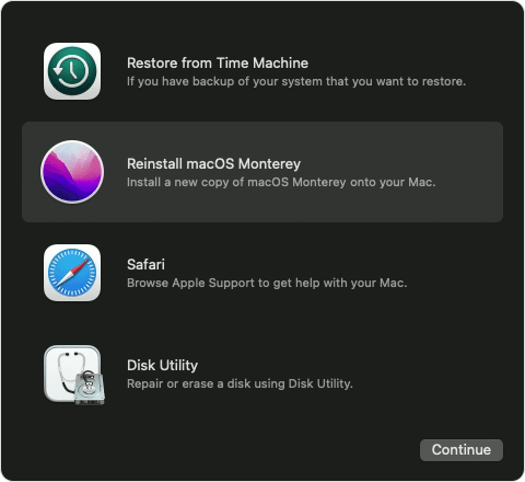 Fenêtre de récupération de macOS