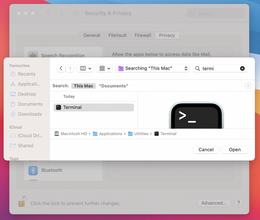 Add Terminal to Full Disk Access on Mac