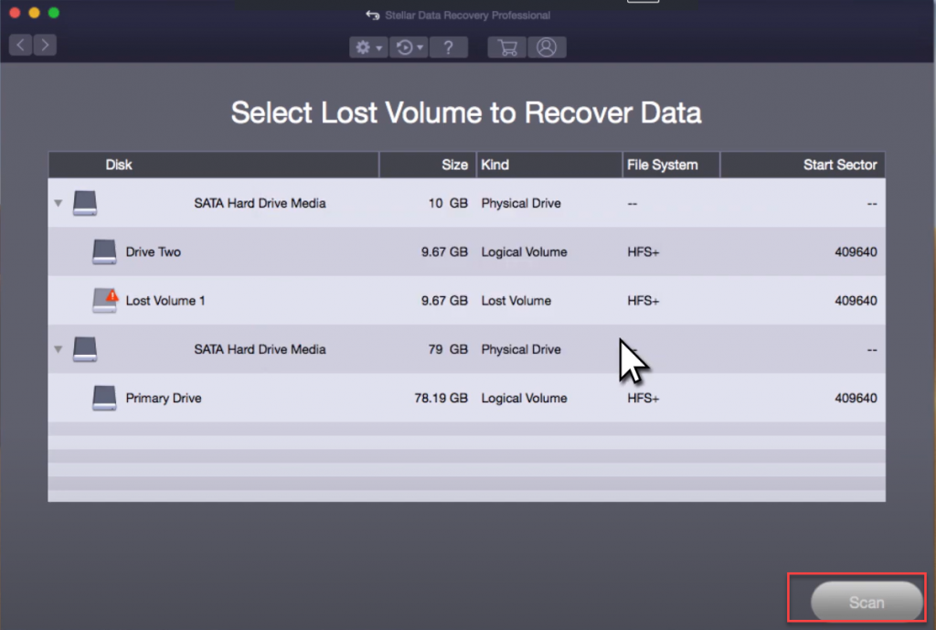 Stellar Data Recovery > Select the Lost Volume to Recover Data