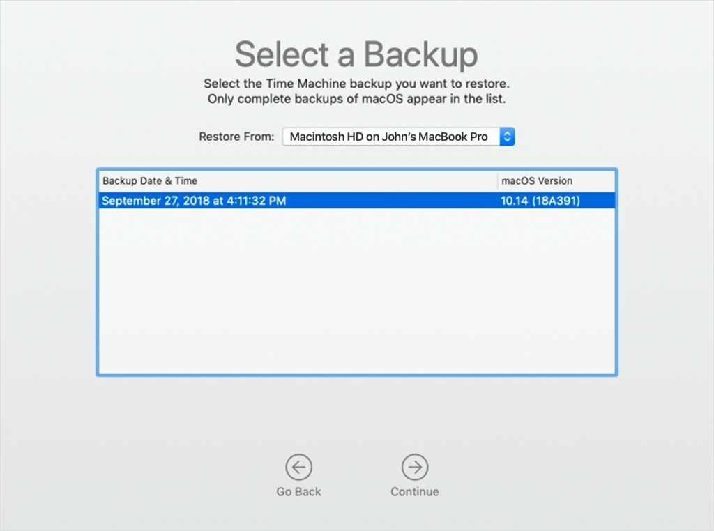 Select the backup by date