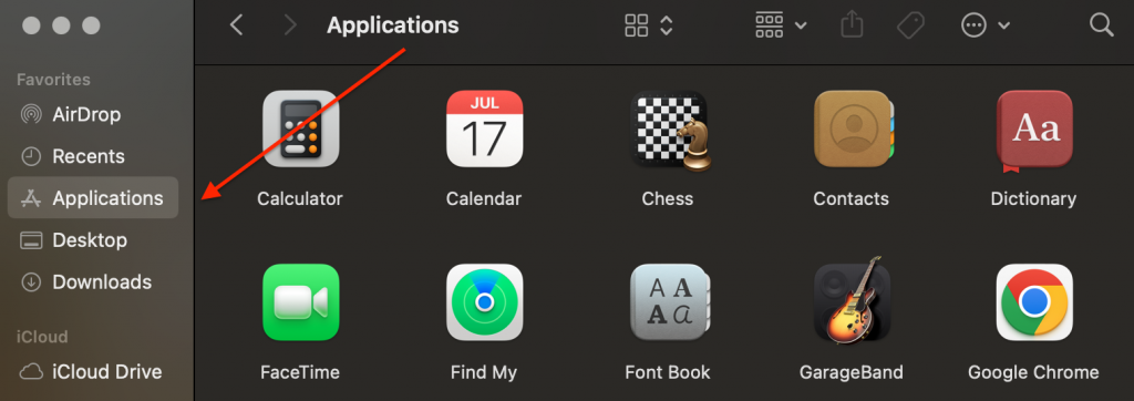 Applications folder on Mac