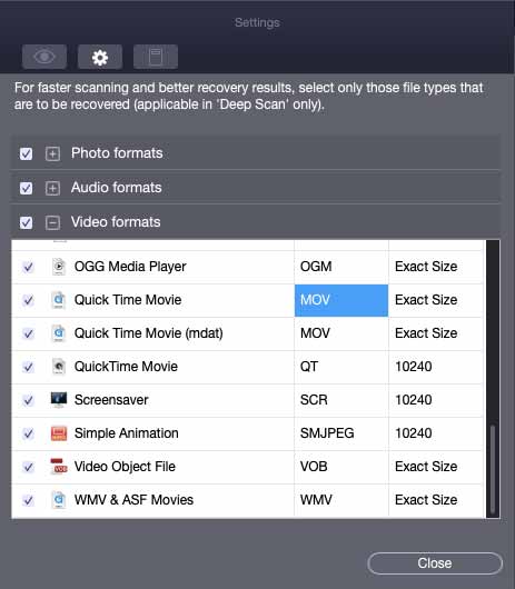 select MOV file in Advanced Settings in Stellar video recovery