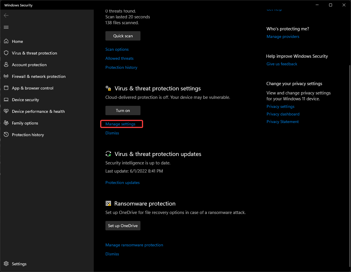 Under Virus & threat protection settings, select Manage settings
